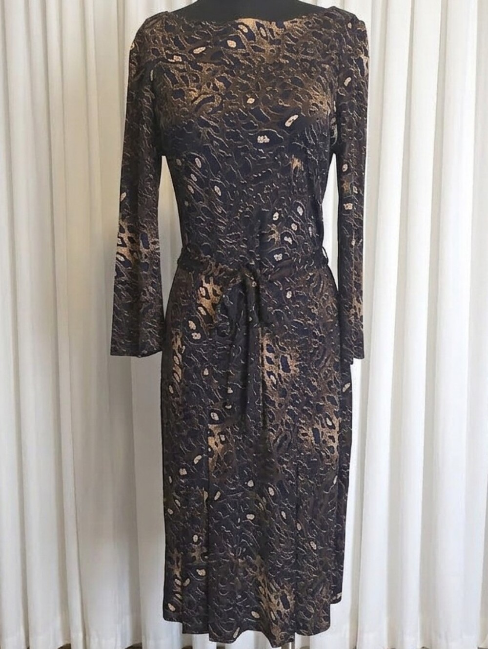 Tory Burch "Denise" Black and Gold Midi Dress with Tie Waist
